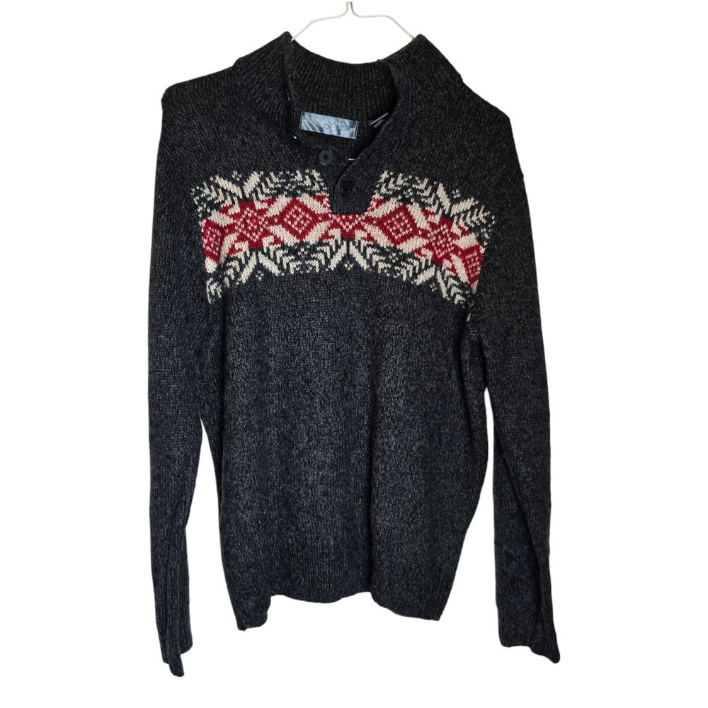 Oscar De La Renta Men's Pullover Sweater Sz XL Gray fair isle 3/4 button up